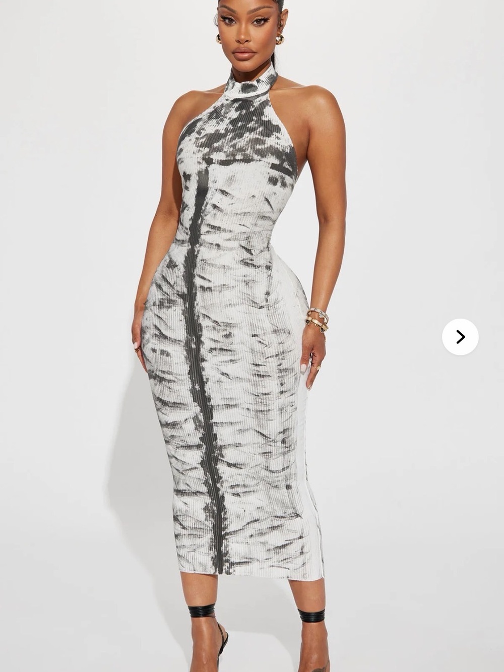 Fashion Nova Black & White Tie-Dye Halter Midi Dress
